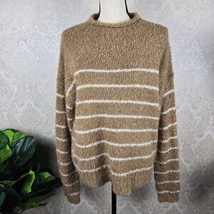 J. Crew Size Medium Pullover Sweater Tan White Stripes Boxy Fit Drop Shoulder